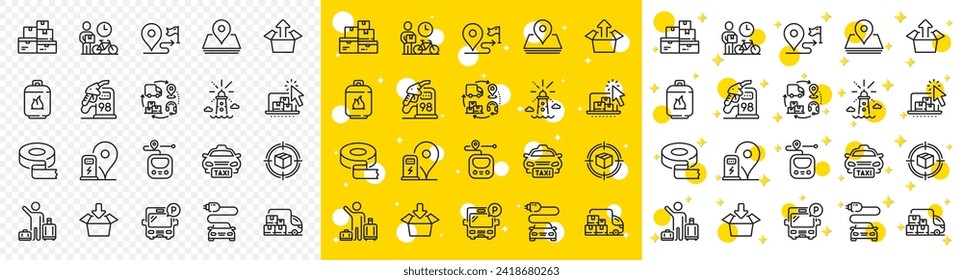 Outline Parcel tracking, Wholesale goods and Metro line icons pack for web with Lighthouse, Send box, Pin line icon. Delivery truck, Petrol station, Car charge pictogram icon. Vector