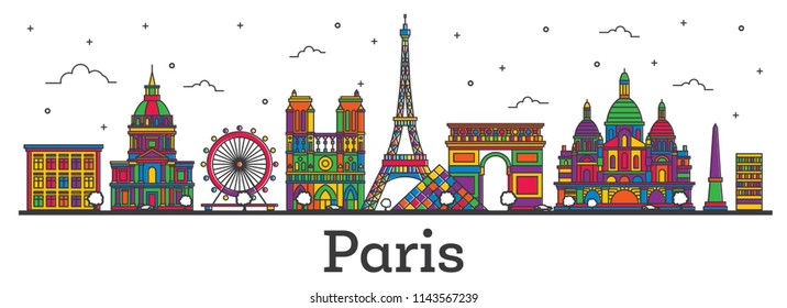 Outline Paris France City Skyline with Color Buildings Isolated on White. Vector Illustration. Paris Cityscape with Landmarks.