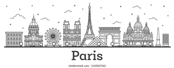 Outline Paris France City Skyline with Historic Buildings Isolated on White. Vector Illustration. Paris Cityscape with Landmarks.