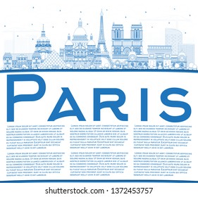 Outline Paris France City Skyline with Blue Buildings and Copy Space. Vector Illustration. Business Travel and Concept with Historic Architecture. Paris Cityscape with Landmarks.