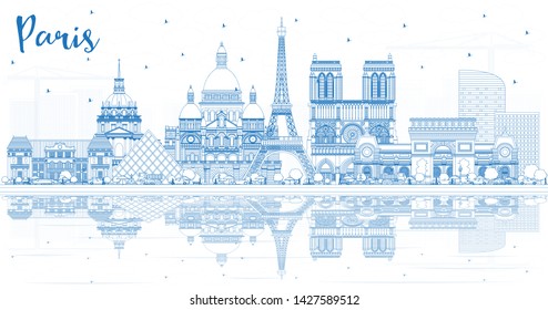 Outline Paris France City Skyline with Blue Buildings and Reflections. Vector Illustration. Business Travel and Concept with Historic Architecture. Paris Cityscape with Landmarks.