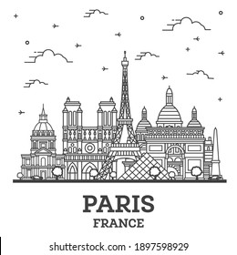 Outline Paris France City Skyline with Historic Buildings Isolated on White. Vector Illustration. Paris Cityscape with Landmarks.