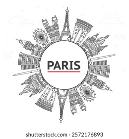 Outline Paris France City Skyline with Historic Buildings and copy space Isolated on White. Vector Illustration. Paris Cityscape with Landmarks.