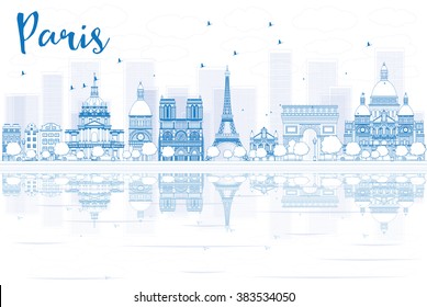 Outline Paris skyline with blue buildings and reflections. Vector illustration. Business travel and tourism concept with place for text. Image for presentation, banner, placard and web site.