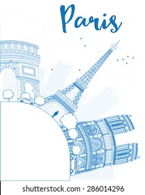 Outline Paris skyline with blue landmarks and copy space. Vector illustration. Business travel and tourism concept with place for text. Image for presentation, banner, placard and web site.