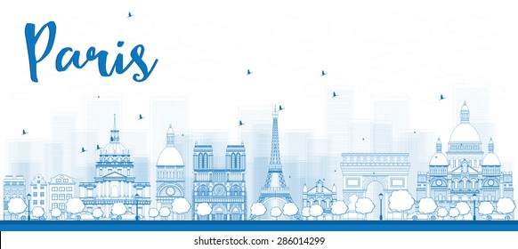 Outline Paris skyline with blue landmarks. Vector illustration. Business and tourism concept with place for text. Image for presentation, banner, placard and web site