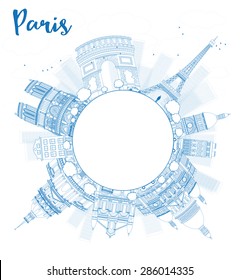 Outline Paris skyline with blue landmarks and copy space. Vector illustration. Business travel and tourism concept with place for text. Image for presentation, banner, placard and web site.