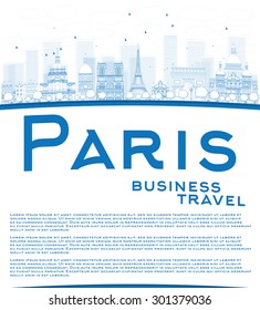 Outline Paris skyline with blue landmarks and copy space. Business travel and tourism concept with place for text. Image for presentation, banner, placard and web site. Vector illustration