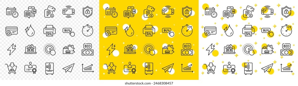 Outline Parking security, Refrigerator and Paper plane line icons pack for web with Calendar, Power, Shopping line icon. Bid offer, Print image, Click hand pictogram icon. Buy button. Vector