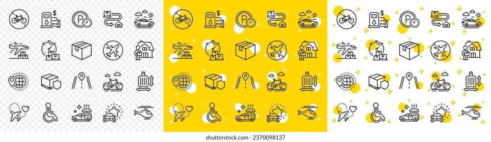 Contorno Tiempo de estacionamiento, Ruta y línea de entrega de alimentos paquete de iconos para web con entrega rápida, paquete de seguimiento, icono Línea de discapacidad. Modo avión, tamaño de equipaje, icono del pictograma helicóptero. Vector