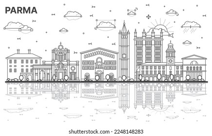 Outline Parma Italy City Skyline with Historic Buildings and Reflections Isolated on White. Vector Illustration. Parma Cityscape with Landmarks.