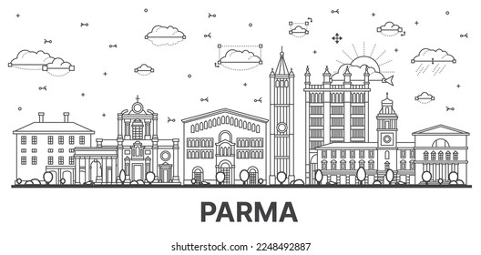 Outline Parma Italy City Skyline with Historic Buildings Isolated on White. Vector Illustration. Parma Cityscape with Landmarks.