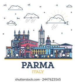 Outline Parma Italy City Skyline with Colored Historic Buildings Isolated on White. Vector Illustration. Parma Cityscape with Landmarks.