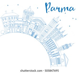 Outline Parma Skyline with Blue Buildings and Copy Space. Vector Illustration. Business Travel and Tourism Concept with Historic Architecture. Image for Presentation Banner Placard and Web Site.