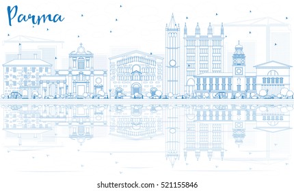 Outline Parma Skyline with Blue Buildings and Reflections. Vector Illustration. Business Travel and Tourism Concept with Historic Architecture. Image for Presentation Banner Placard and Web Site.