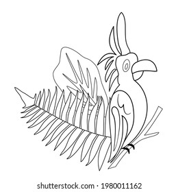Outline parrot cockatoo with leaves, tropical cartoon bird for coloring book. Hand-drawn vector. Funny forest character. Cute animal with feathers. For kid, education, illustration, school, preschool.