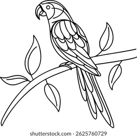 Outline Parrot On Branch With Leaves Tropical Bird Vector Illustration