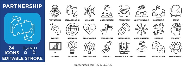 Umreißen Sie die Symbole der Partnerschaft, die Zusammenarbeit, Teamarbeit, Vertrauen, Allianz, Unternehmenswachstum, Verhandlung, Management und strategische Zusammenarbeit umfassen. Zeilenvektor