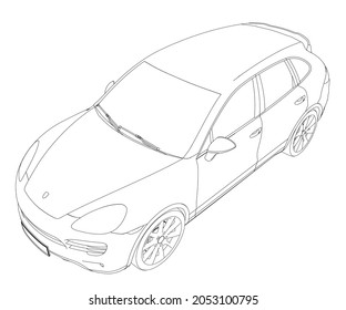 Outline of a passenger car from black lines isolated on a white background. Isometric view. Vector illustration