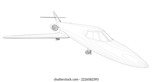 Outline of a passenger plane from black lines isolated on a white background. Perspective view. 3D. Vector illustration.