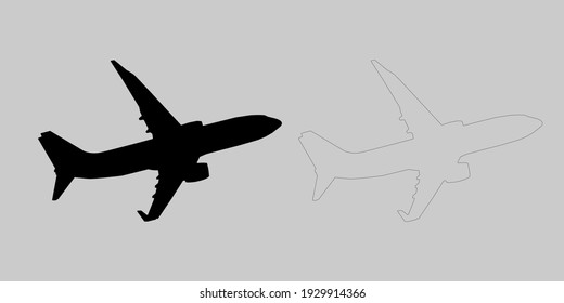 Outline of a passenger plane, isolated on gray background. Vector flat illustration.