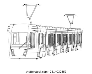 Outline of a passenger train from black lines isolated on a white background. Perspective view. Vector illustration.