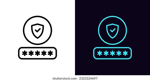 Icono de comprobación de contraseña de esquema, con trazo editable. Entrada de contraseña con signo de escudo, inicio de sesión seguro en la cuenta de usuario. Garantía de contraseña y protección, acceso seguro a la cuenta en el perfil. Icono de vector