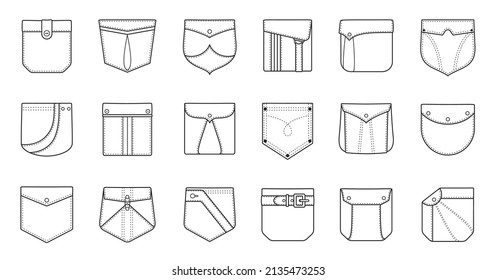 Outline Patch Pockets For Shirts, Cargo Pants And Denim Jackets. Flap Pocket Sewing Patterns In Different Shapes, Fabric Patches Vector Set. Clothes Pieces For Man And Woman Dressing