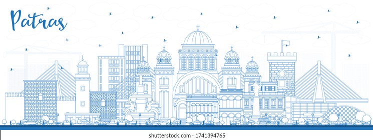 Outline Patras Greece City Skyline with Blue Buildings. Vector Illustration. Travel and Tourism Concept with Historic and Modern Architecture. Patras Cityscape with Landmarks.