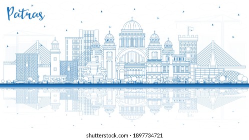 Outline Patras Greece City Skyline with Blue Buildings and Reflections. Vector Illustration. Travel and Tourism Concept with Historic and Modern Architecture. Patras Cityscape with Landmarks.