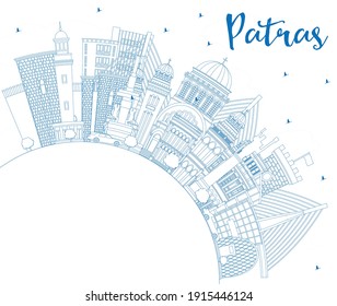 Outline Patras Greece City Skyline with Blue Buildings and Copy Space. Vector Illustration. Travel and Tourism Concept with Historic and Modern Architecture. Patras Cityscape with Landmarks.