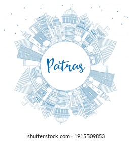 Outline Patras Greece City Skyline with Blue Buildings and Copy Space. Vector Illustration. Travel and Tourism Concept with Historic and Modern Architecture. Patras Cityscape with Landmarks.