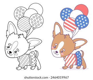 Umriss patriotische Hund Chihuahua Mädchen im Kleid mit Luftballons in den Farben amerikanische Flagge. Unabhängigkeitstag. Isolierter lustiger Cartoon Welpe. Farbe und Linienzeichnung. Vektorillustration. Kids-Kollektion.