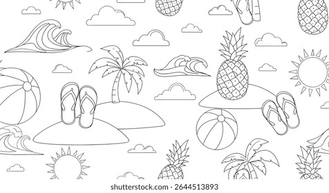 An outline pattern featuring summer elements: pineapples, islands with palm trees and flip-flops, waves, beach balls, suns, and clouds.