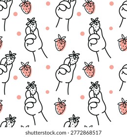 An outline pattern with a hand holding a strawberry.