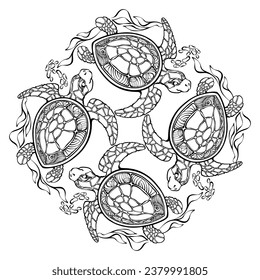 Patrón de contorno con tortugas y algas. Colorido de la página. Tortuga aislada de silueta hecha a mano. Línea blanca en negro. Mandala moderna y decorativa con animales acuáticos y plantas. Ilustración vectorial.