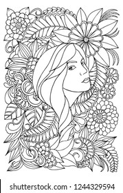 Outline pattern of woman and flowers. Black and white doodle illustration. Beautiful girl face. Vector coloring page.