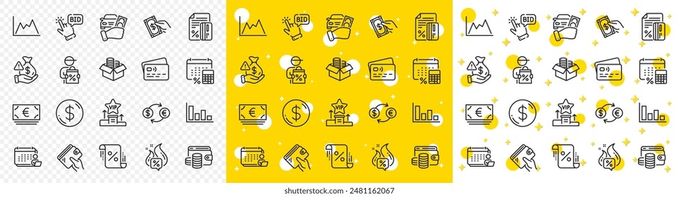 Outline Pay money, Vip podium and Annual tax line icons pack for web with Accounting, Wallet, Rent car line icon. Hot offer, Card, Euro currency pictogram icon. Bribe, Money box, Bid offer. Vector