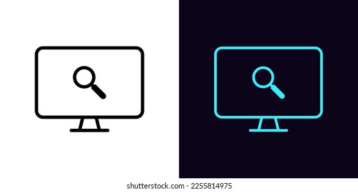 Outline pc monitor icon, with editable stroke. Monitor screen frame with magnifier sign, internet search pictogram. Find data and information, web search technology, exploration. Vector icon