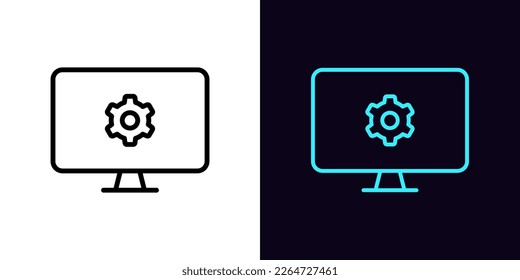 Outline pc monitor icon, with editable stroke. Monitor screen frame with gear wheel sign, display settings pictogram. Monitor screen adjustments, tune, settings control. Vector icon for Animation