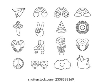 Outline  peace, Love, flower, rainbow,  heart, daisy, mushroom, dove icons etc. Isolated vector illustration.  Groovy hippie 70s line set. 