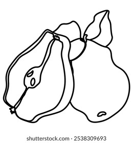 Outline pear whole and half coloring page vector illustration with healthy fruit for creativity and design