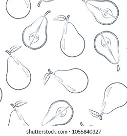 Outline pears are whole and cut in half on a white background. Seamless pattern. Design for banner, poster, textile. Vector illustration.