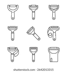 Outline Peeler Icon Set Collection. Vector Illustration of Different Types of Vegetable Peelers
