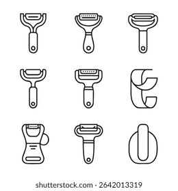 Outline Peeler Icon Set Collection. Vector Illustration of Different Types of Vegetable Peelers
