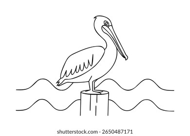 Outline a pelican standing on a wooden post with water waves bird