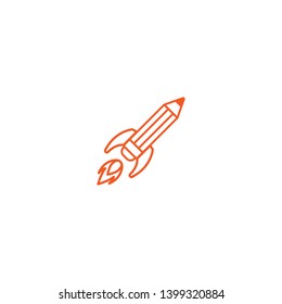 Outline pencil rocket ship with fire. Isolated on white. Flat line icon. Vector illustration with flying pencil. Creativity sign. Creative idea symbol. Knowledge and inspiration illustration.