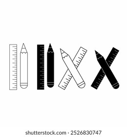 The outline pencil, ruler, and silhouette set includes essential drawing tools for precise measurements and sketches. isolated white background. ruler pencil icon