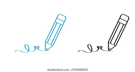 Outline Pencil Writing Scribble Line Vector. Sketching, Drawing, and Edit Tool Symbol in Blue and Black Line Art