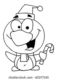 Outline Of A Penguin Holding A Candy Cane